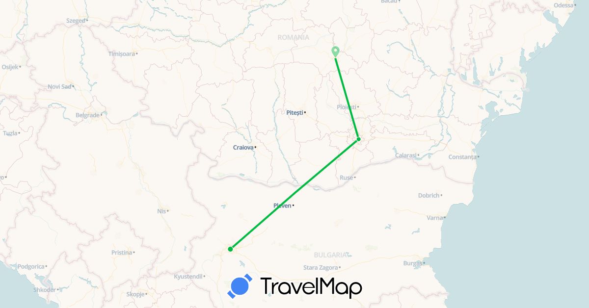 TravelMap itinerary: driving, bus in Bulgaria, Romania (Europe)